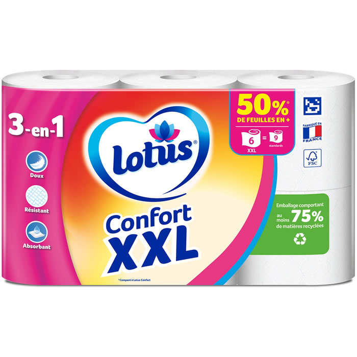 LOTUS Confort XXL Papier toilette blanc Aquatube 2 épaisseurs x6