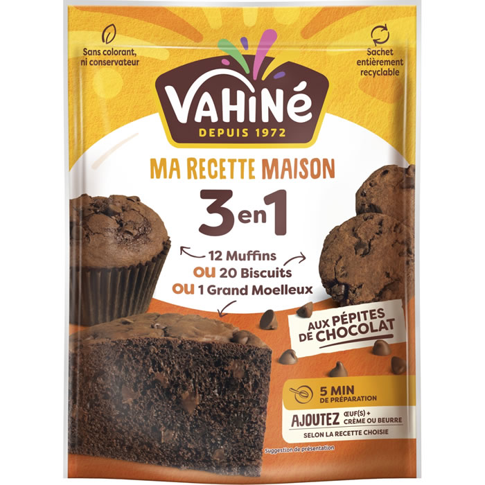 VAHINE 3en1 – Préparation pour gâteaux, biscuits ou muffins au chocolat 280 g