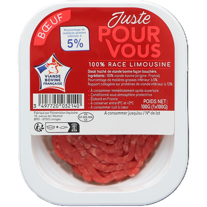 JUSTE POUR VOUS – Steak haché pur boeuf 5% M.G race Limousine 100 g