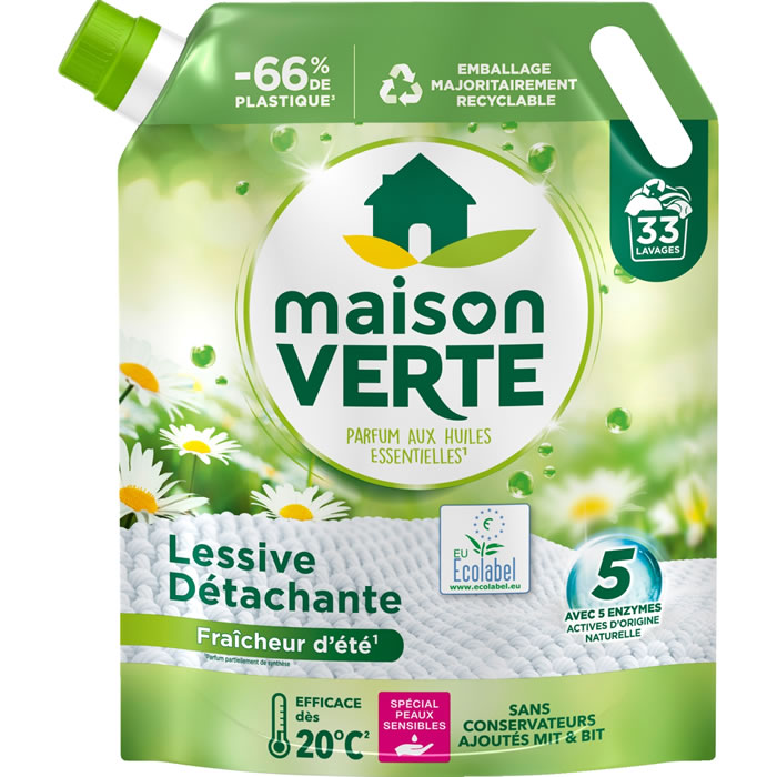 MAISON VERTE Recharge lessive liquide détachante fraîcheur d’été Moyen Format 33 lavages
