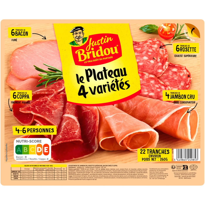 JUSTIN BRIDOU – Plateau de jambon cru, rosette, bacon et coppa 260g