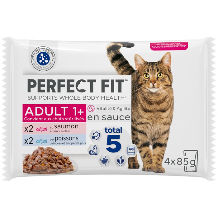 PERFECT FIT – Bouchées pour chats stérilisés au poisson (4 x 85 g)