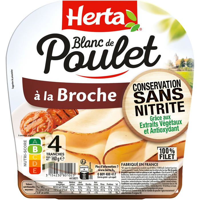 HERTA – Blanc de poulet cuit à la broche sans nitrite (140 g)