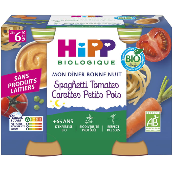 HiPP Mon Dîner Bonne Nuit – Spaghetti tomate, carottes et petits pois 2×190 g