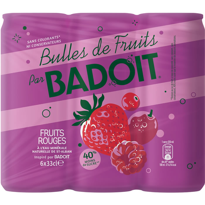 BADOIT Bulles de Fruits – Eau minérale naturelle gazeuse aux fruits rouges 6 x 33 cl