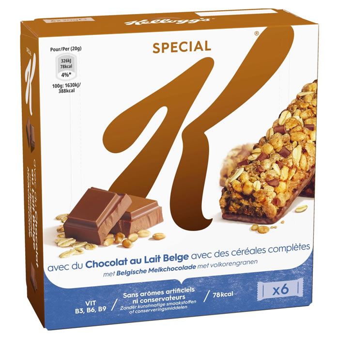 KELLOGG’S Spécial K – Barres céréalières au chocolat au lait belge 6x20g