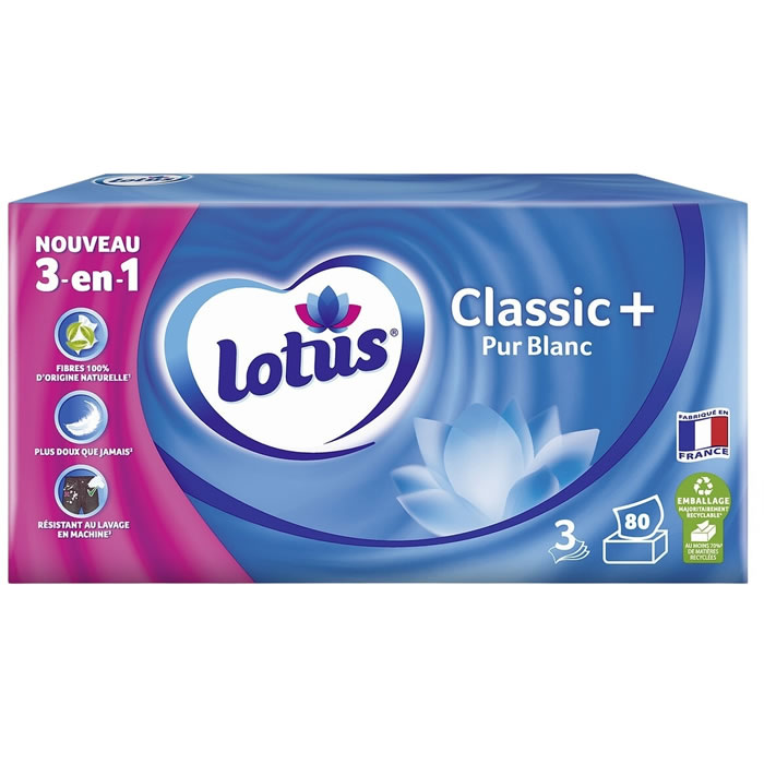 LOTUS Classic+ Pur Blanc Mouchoirs boîte 3 épaisseurs 80 mouchoirs
