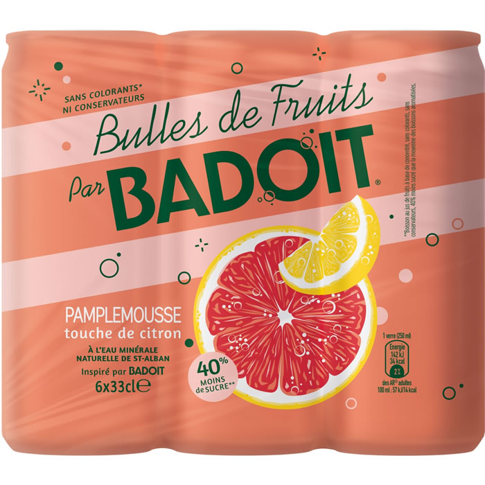 BADOIT Bulles de Fruits – Eau minérale naturelle gazeuse au pamplemousse et citron 6 x 33 cl