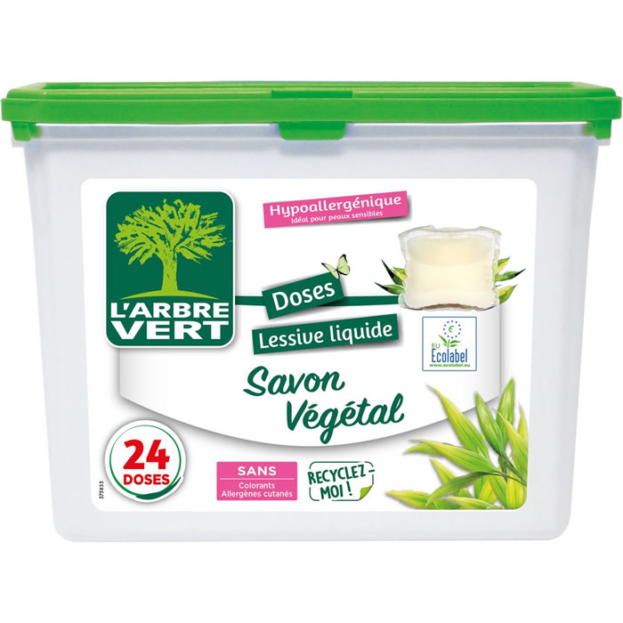 L’ARBRE VERT Lessive capsules hypoallergénique au savon végétal Petit Format 24 lavages