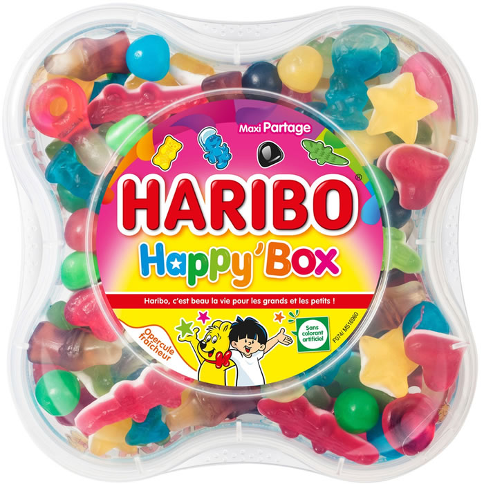 HARIBO Happy’ Box Assortiment de bonbons dragéifiés et gélifiés 600g