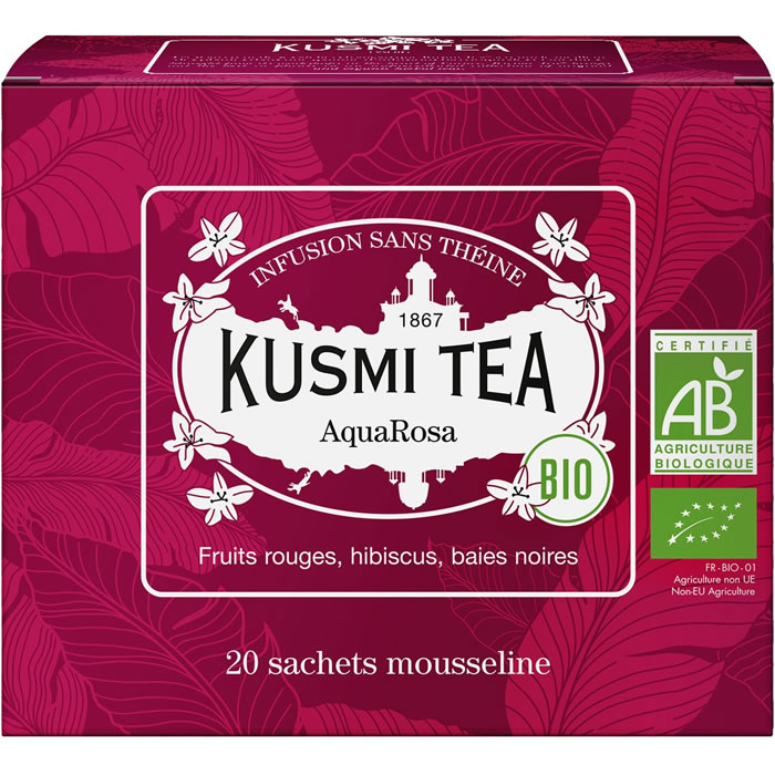 KUSMI TEA Aqua Rosa – Infusions de fruits rouges, hibiscus et baies noires bio (20 sachets, 40g)
