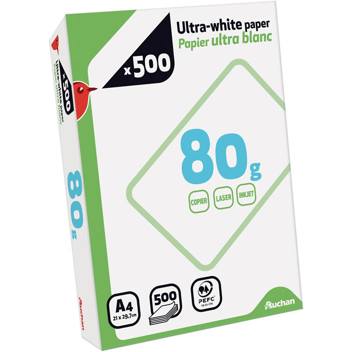 AUCHAN Ramette de papier A4 21 x 29,7 cm blanc 80 g (500 feuilles)