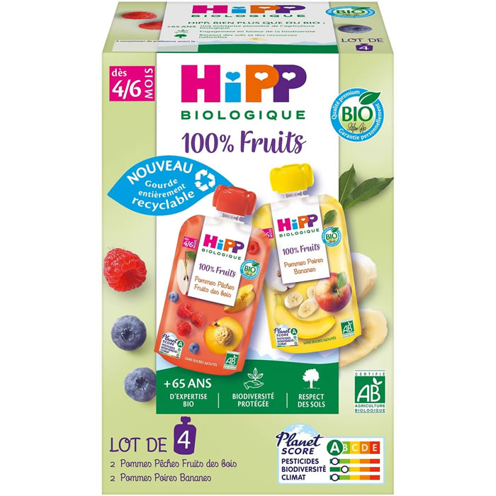 HIPP 100% Fruits – Assortiment de desserts 2 variétés 4 x 90 g