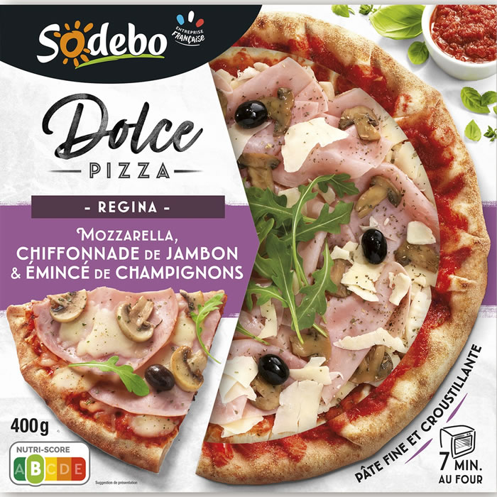 SODEBO Dolce – Pizza regina jambon, fromage, champignons et olives 400g