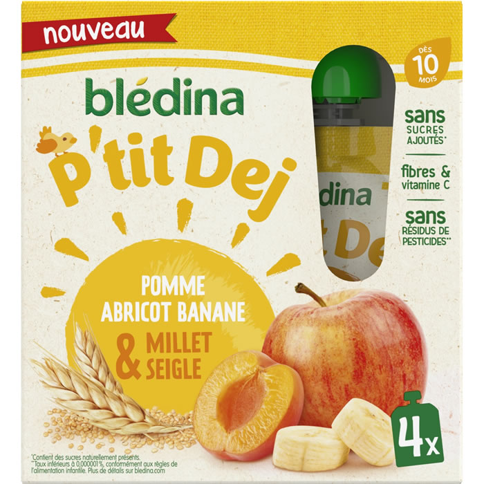 BLEDINA P’tit Dej – Dessert pomme, abricot et banane dès 10 mois 4x90g