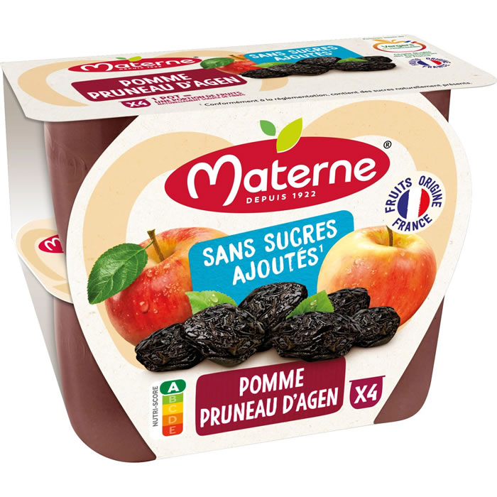 MATERNE – Dessert pomme et pruneau sans sucres ajoutés 4 x 100 g