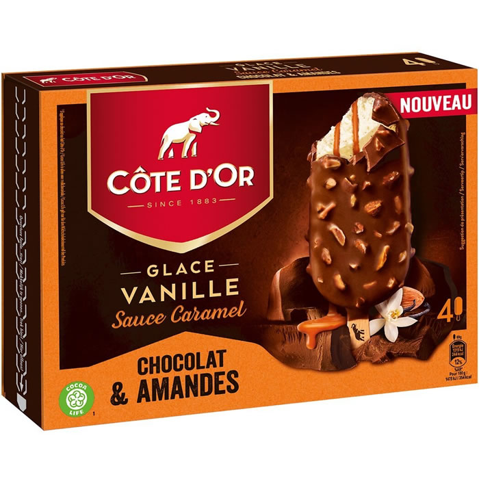 CÔTE D’OR – Bâtonnets glacés au chocolat, caramel et amande 4x69g