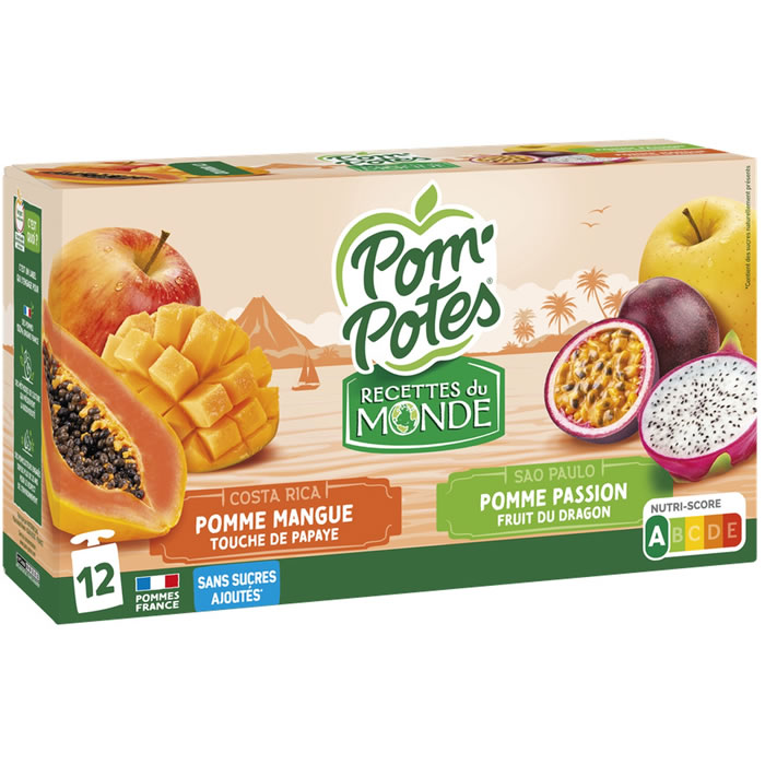 POM’POTES Recette Tropiques – Dessert pomme, mangue, papaye, passion et fruit du dragon 12 x 90 g