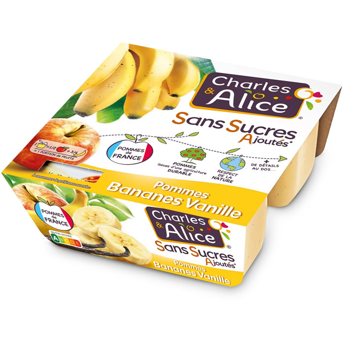 CHARLES & ALICE – Dessert pomme, banane et vanille sans sucres ajoutés 4 x 100g