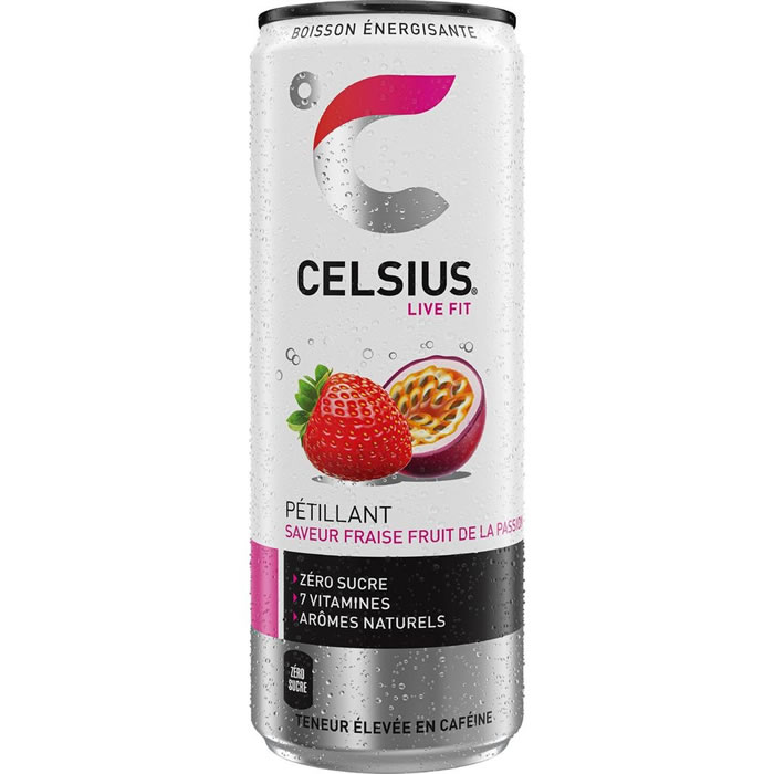 CELSIUS – Boisson énergisante gazeuse fraise, fruit de la passion 35,5 cl