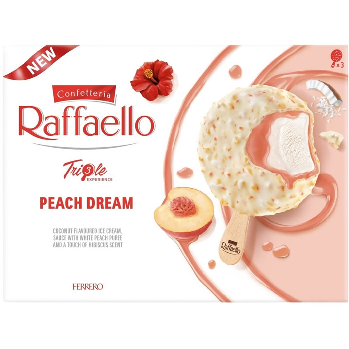 RAFFAELLO Triple – Bâtonnets glacés à la noix de coco et pêche blanche 3x46g