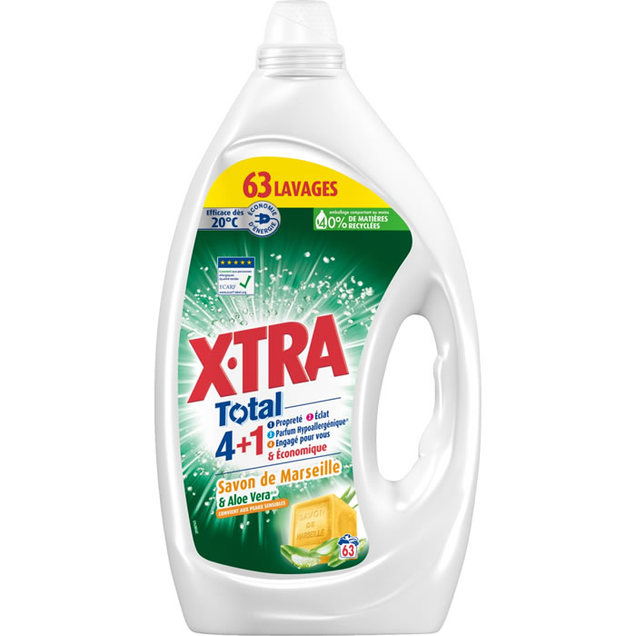 X-TRA Total Lessive liquide 4en1 au savon de Marseille et aloe vera Grand Format 63 lavages
