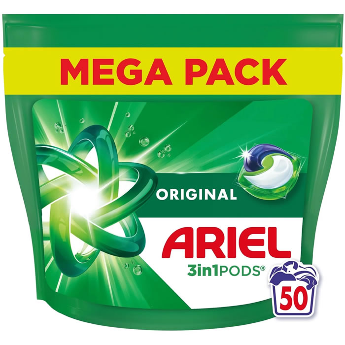 ARIEL 3 en 1 Pods Lessive capsules original Grand Format 50 lavages
