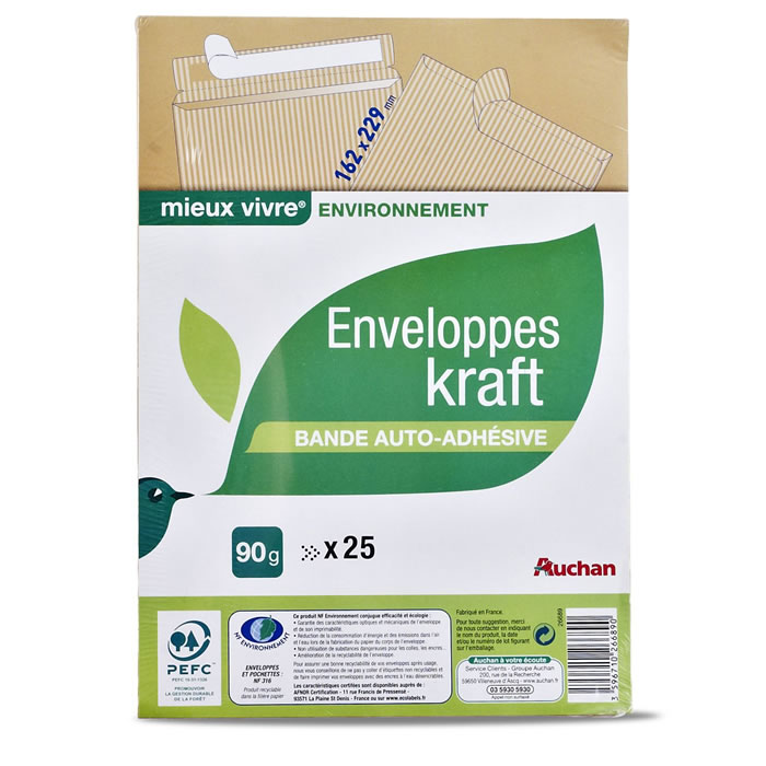 AUCHAN Mieux Vivre – Enveloppes auto-adhésives 162 x 229 mm (25 enveloppes)
