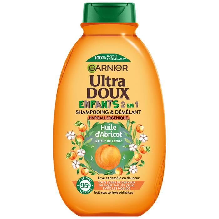GARNIER Ultra Doux – Shampoing enfant 2en1 à l’abricot et fleur de coton 300 ml