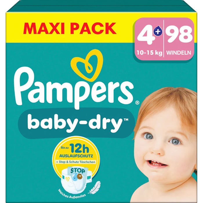 PAMPERS – Baby-Dry Couches taille 4+ (10-15 kg) 98 couches