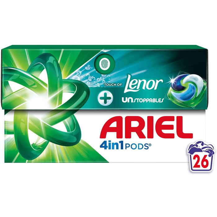 ARIEL 4 en 1 Pods Lessive capsule touche de Lenor Petit Format 26 lavages