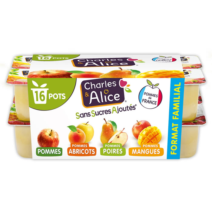 CHARLES & ALICE – Dessert pomme, mangue, abricot et poire sans sucres ajoutés 16 x 100g