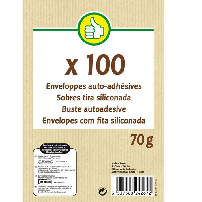 AUCHAN Essentiel – Enveloppes auto-adhésives 162 x 114 mm (100 enveloppes)