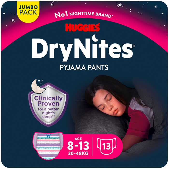 HUGGIES DryNites – Couches-culottes absorbantes fille (30-48 kg) 13 culottes