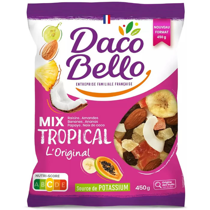 DACO BELLO Mix Tropical – Mélange raisins, amande, banane, ananas, papaye et coco 450 g