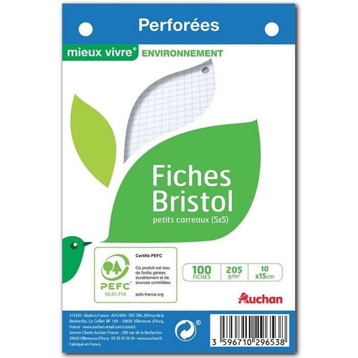AUCHAN Mieux Vivre – Fiches bristol 10 x 15 cm petits carreaux blanc