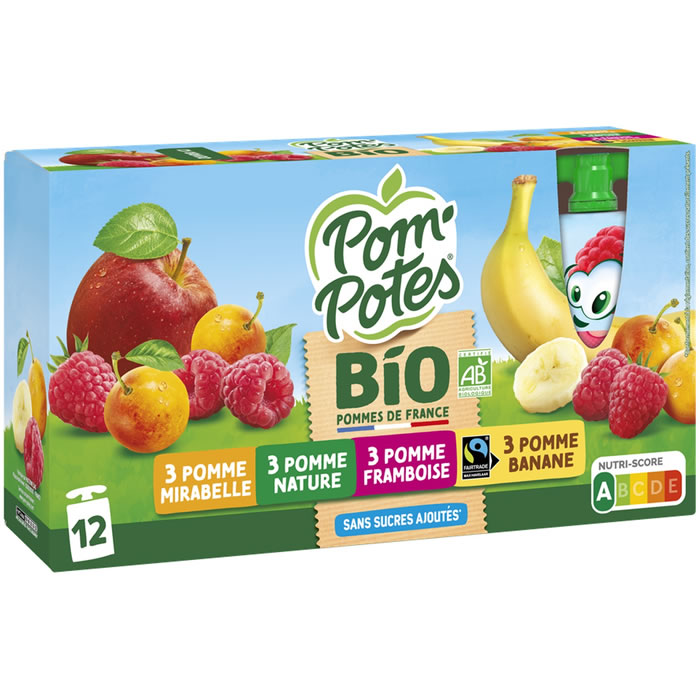 POM’POTES Dessert pomme, mirabelle, banane et framboise bio Moyen Format (12x90g)