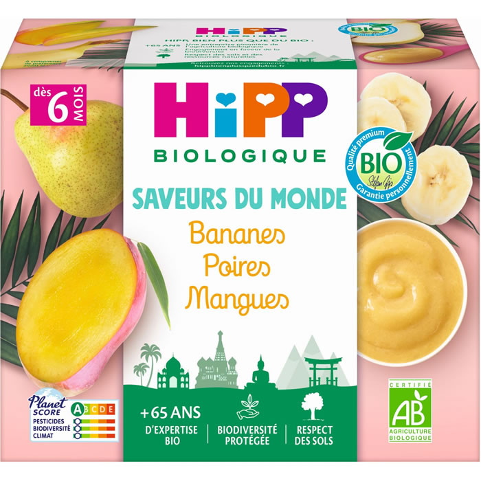 HIPP Saveurs du Monde – Bananes, poires et mangues 4 x 100 g