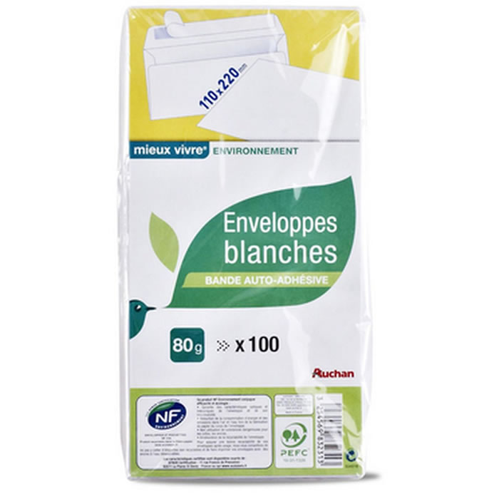 AUCHAN Mieux Vivre Enveloppes auto-adhésives 220 x 110 mm