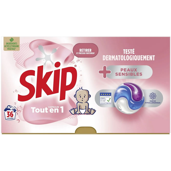 SKIP – Lessive capsules tout en 1 peaux sensibles 36 capsules