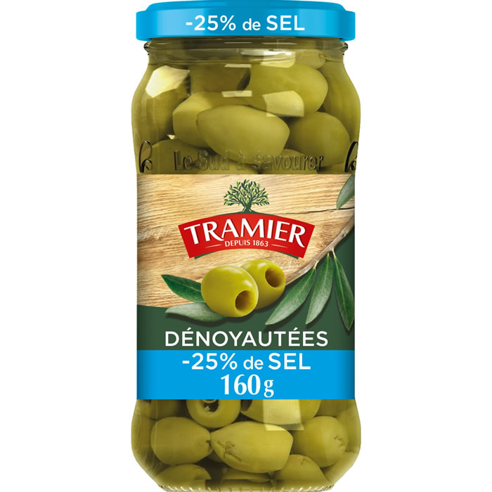 TRAMIER – Olives vertes dénoyautées -25% de sel – 160 g
