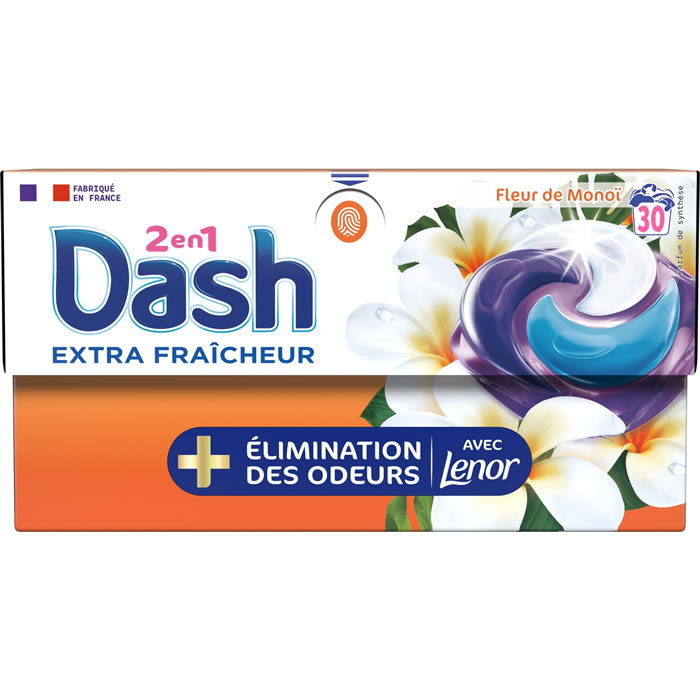 DASH Lessive capsules 2 en 1 fleur de monoï touche de Lenor Moyen Format 30 lavages