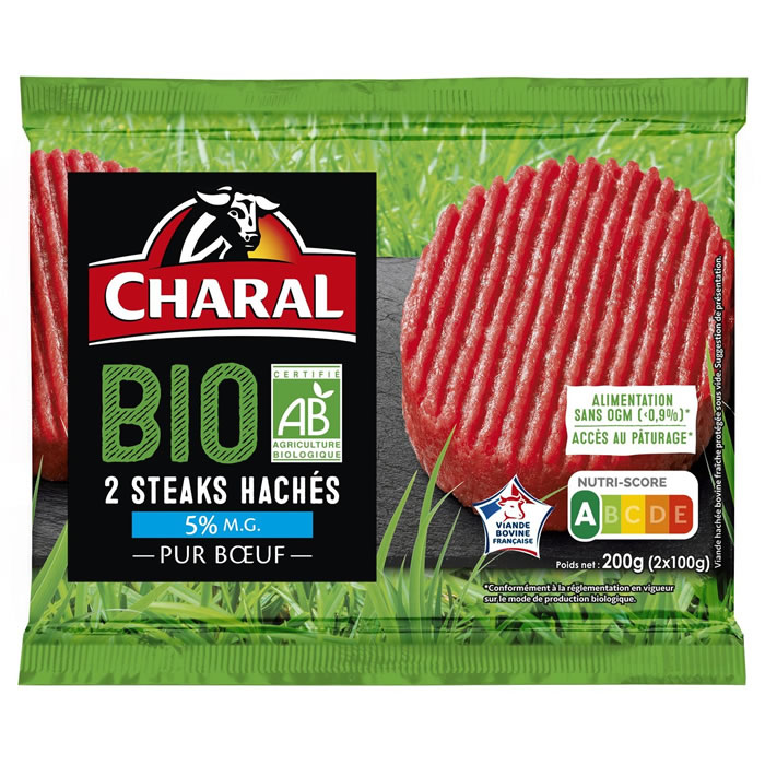CHARAL – Steaks hachés pur boeuf 5% M.G bio 2 x 100 g