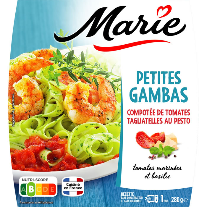 MARIE – Tagliatelle au pesto, gambas et tomates 280g