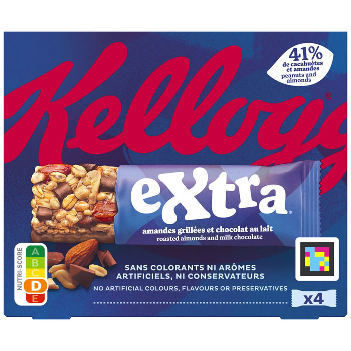 KELLOGG’S Extra – Barres à la cacahuète, chocolat au lait et amande 4 x 32 g