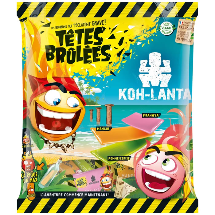 TETES BRULEES Koh-Lanta Bonbons acidulés goûts mangue, pomme-cerise, pitahaya 150g