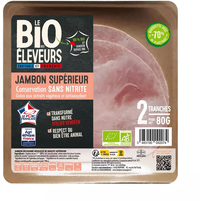 LE BIO DES ÉLEVEURS – Jambon supérieur sans nitrite bio (80 g)