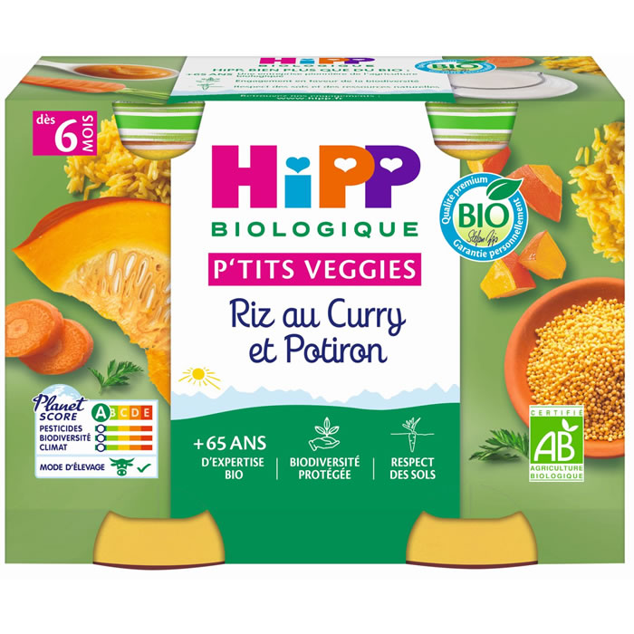 HiPP P’tits Veggies – Riz au curry et potiron 2×190 g
