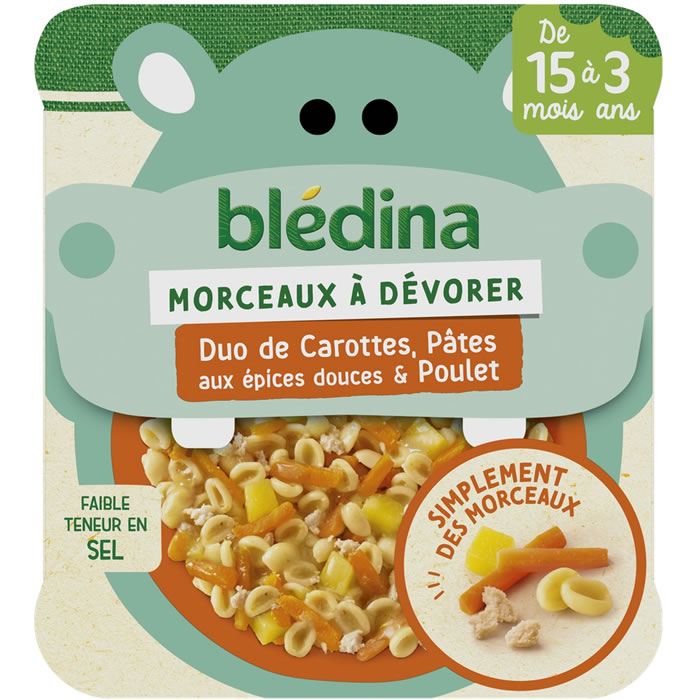 BLEDINA Morceaux à Dévorer – Duo de carottes, pâtes, épices douces et poulet 200 g