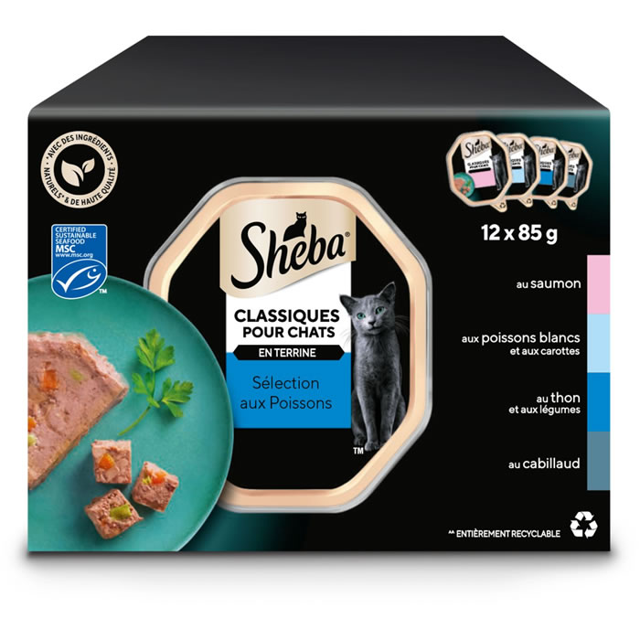 SHEBA Terrines Classiques – Saumon, thon, cabillaud, poissons blancs & carottes (12 x 85 g)